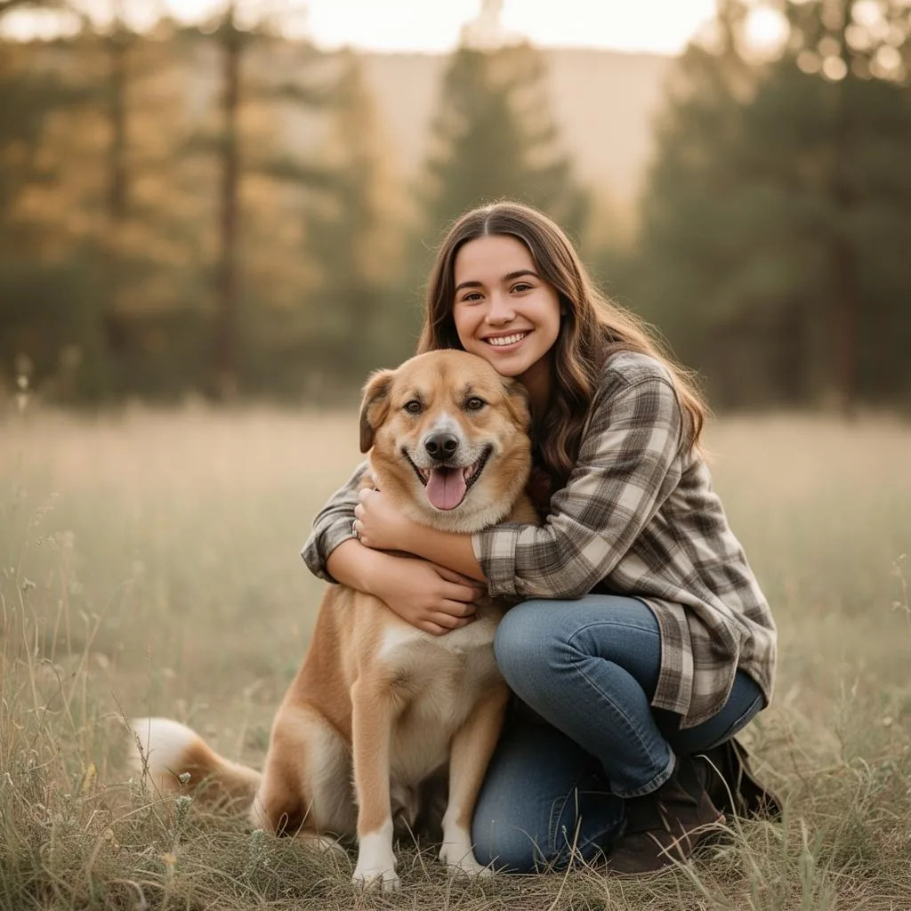 Hailey Haywood, owner of Calaveras Pad & Paw, smiling with a happy dog