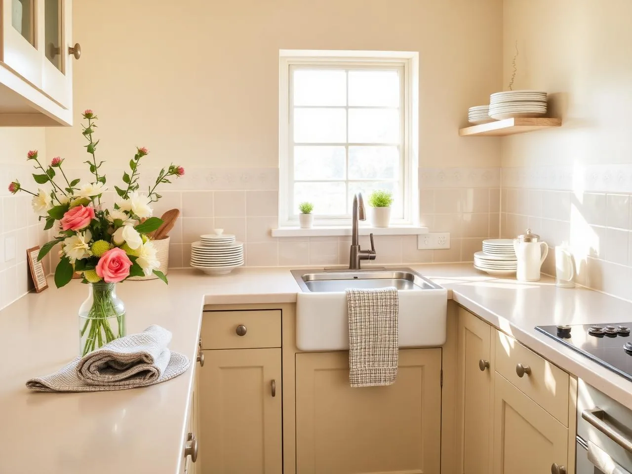A spotless sunlit country kitchen with fresh flowers