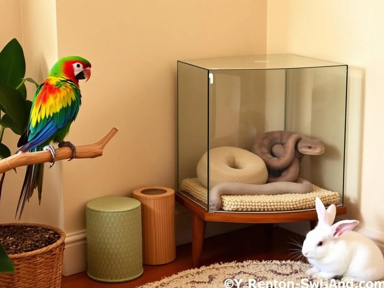 A parrot, terrarium with snake, and a rabbit in a cozy home corner