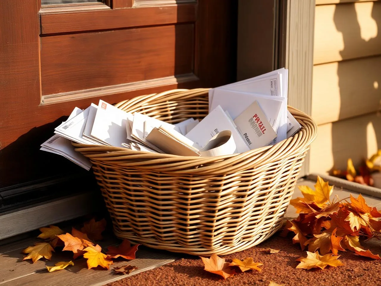 A wicker basket of mail and parcels on a wooden porch