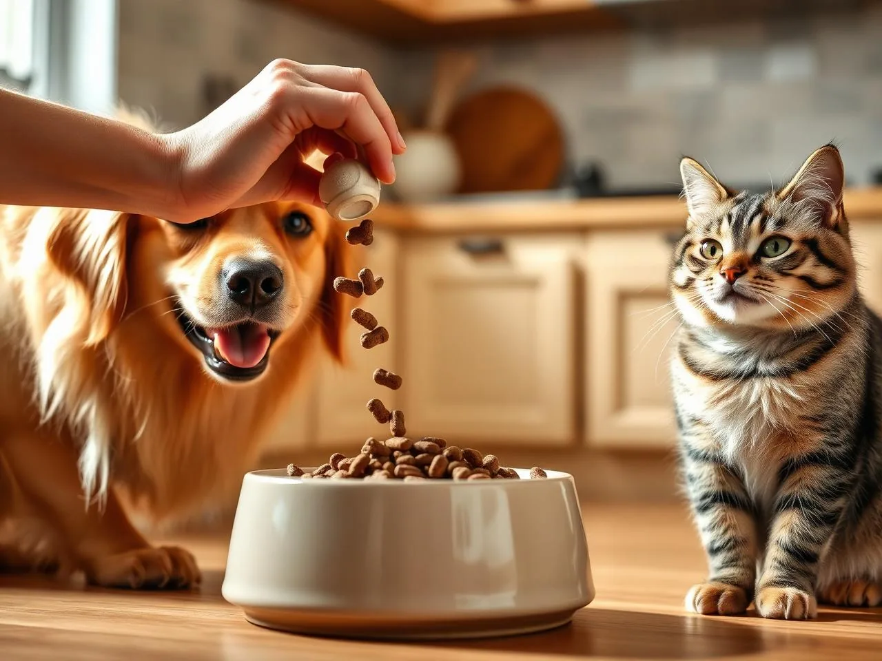 A happy dog and tabby cat being fed at home