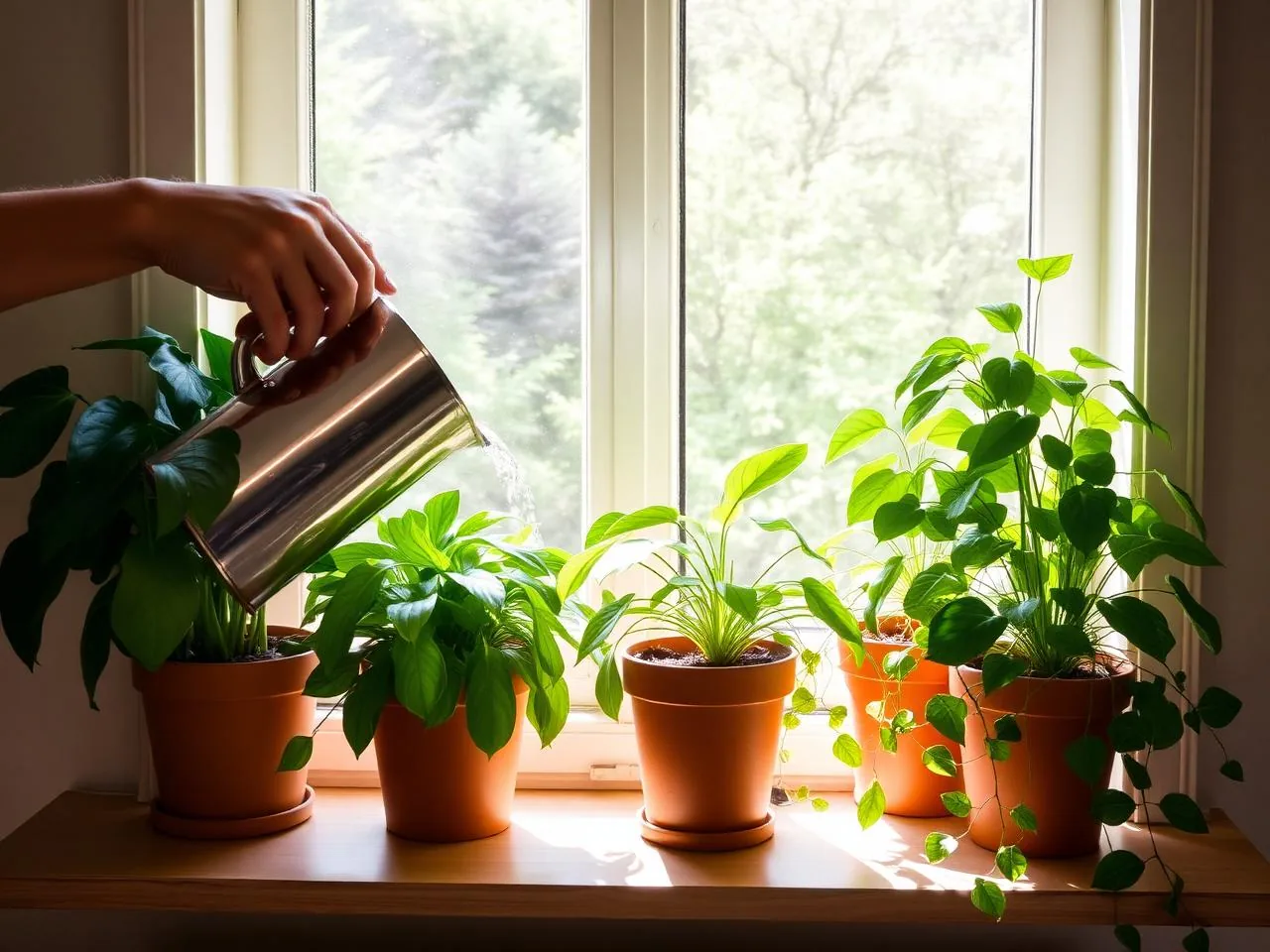 Hands watering a windowsill full of healthy houseplants
