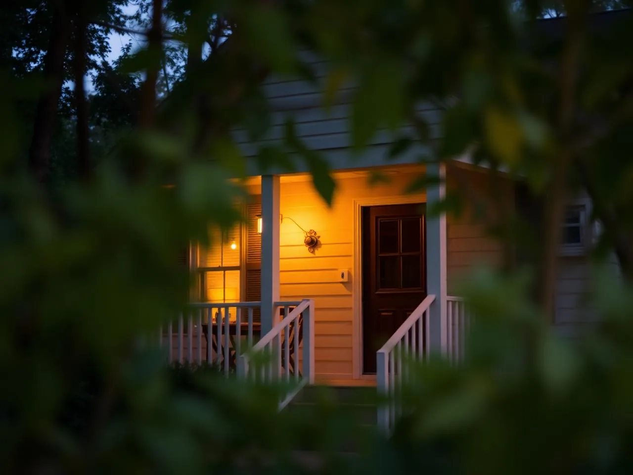 A warmly lit home porch at dusk in Calaveras County