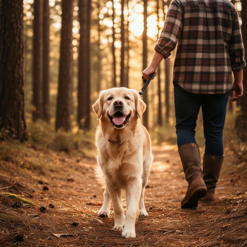 A happy dog walking on a sunlit forest trail